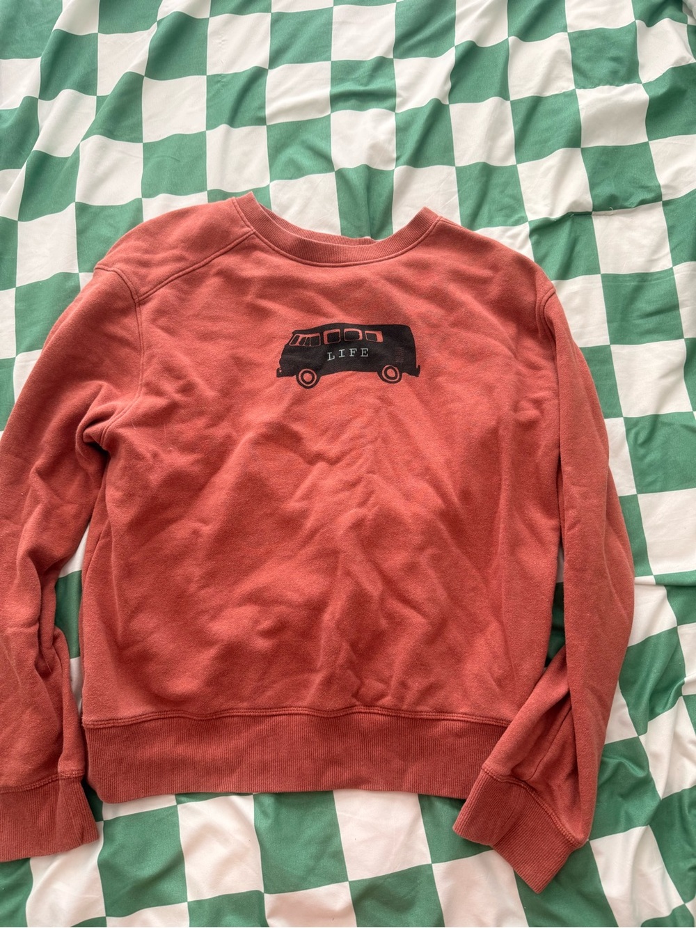Prana Rust Red Crewneck Sweatshirt with Black Van Graphic